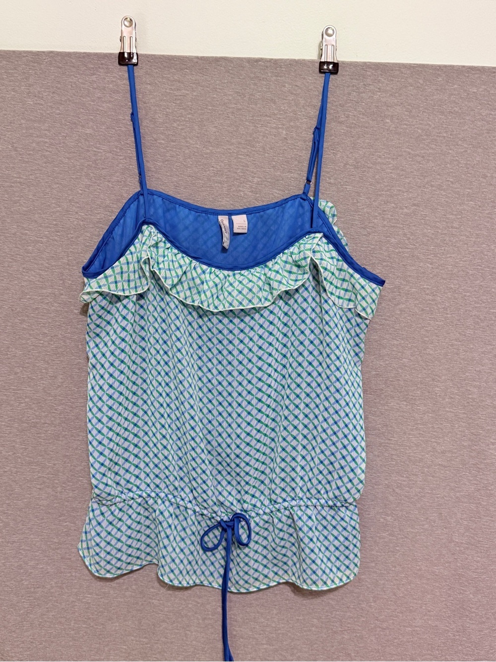 Old Navy Large L Blue Green Geo Print Camisole Ruffle Peplum Spaghetti Straps